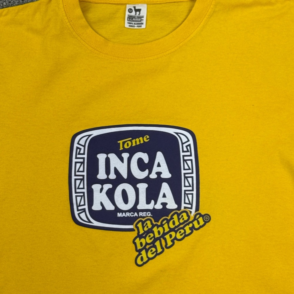 Forever Friends Llama Inca Kola T-Shirt Mens M Yellow Graphic Peru Soda Tee